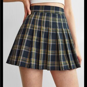 Romwe Yellow Blue Plaid Pleaded Skirt Size Large